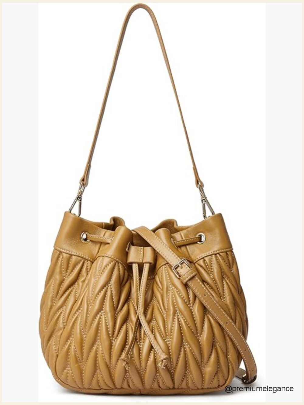 Lambskin Leather Drawstring Quilted Bucket Purse with Two Straps